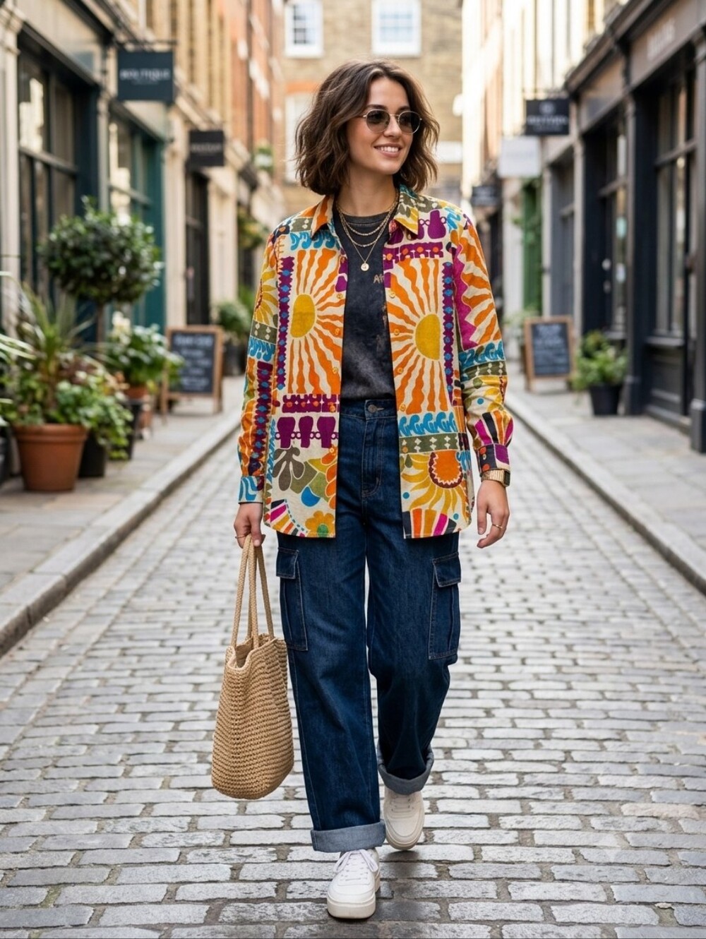 Mlle Gabrielle Unique Spectrum Retro Abstract Sun Graphic Button Down Shirt M